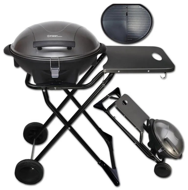Gratar electric First Austria FA-5350-1, 2400W, Termostat, Termometru, Placa antiaderenta, Alimentare impermeabila, Roti, Negru