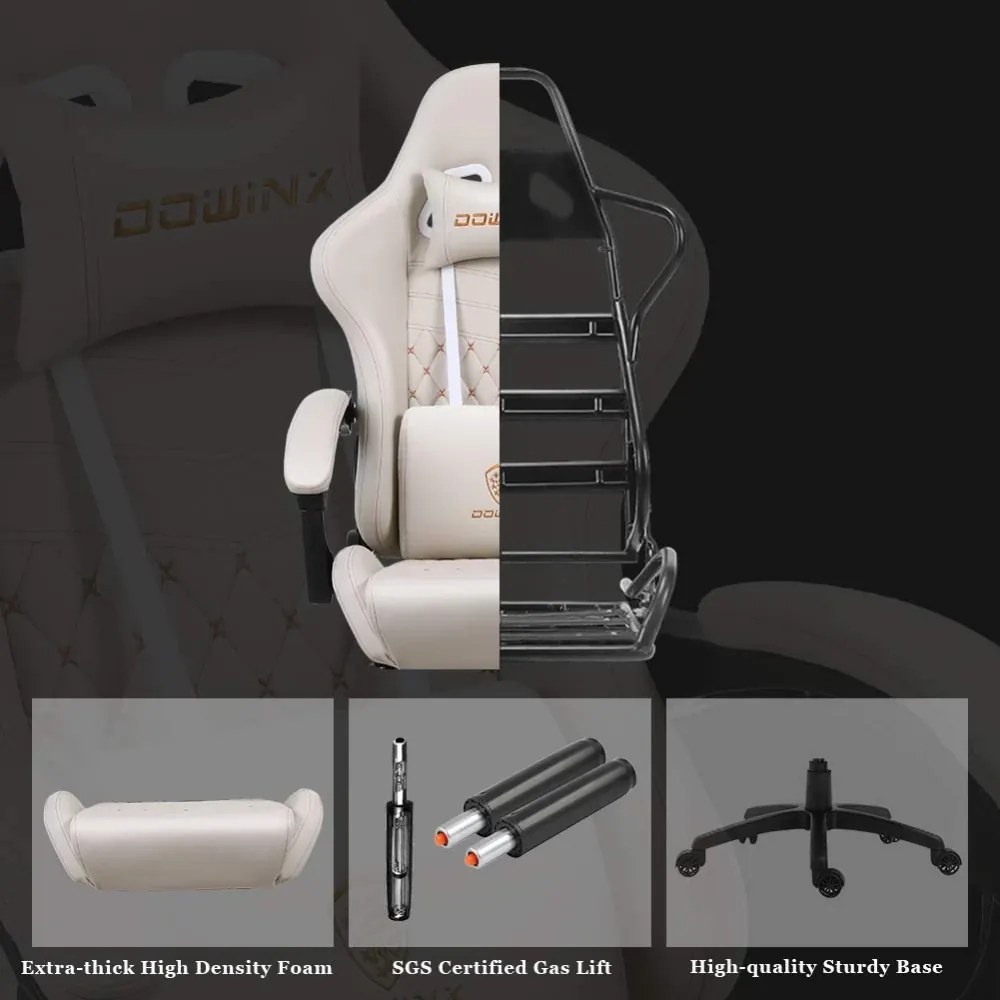 RESIGILAT- DOWINX Scaun gaming, ergonomic, suport lombar cu masaj, spătar înalt, reglabil, tetieră, suport picioare, rezistent 150 kg, piele PU, Ivory