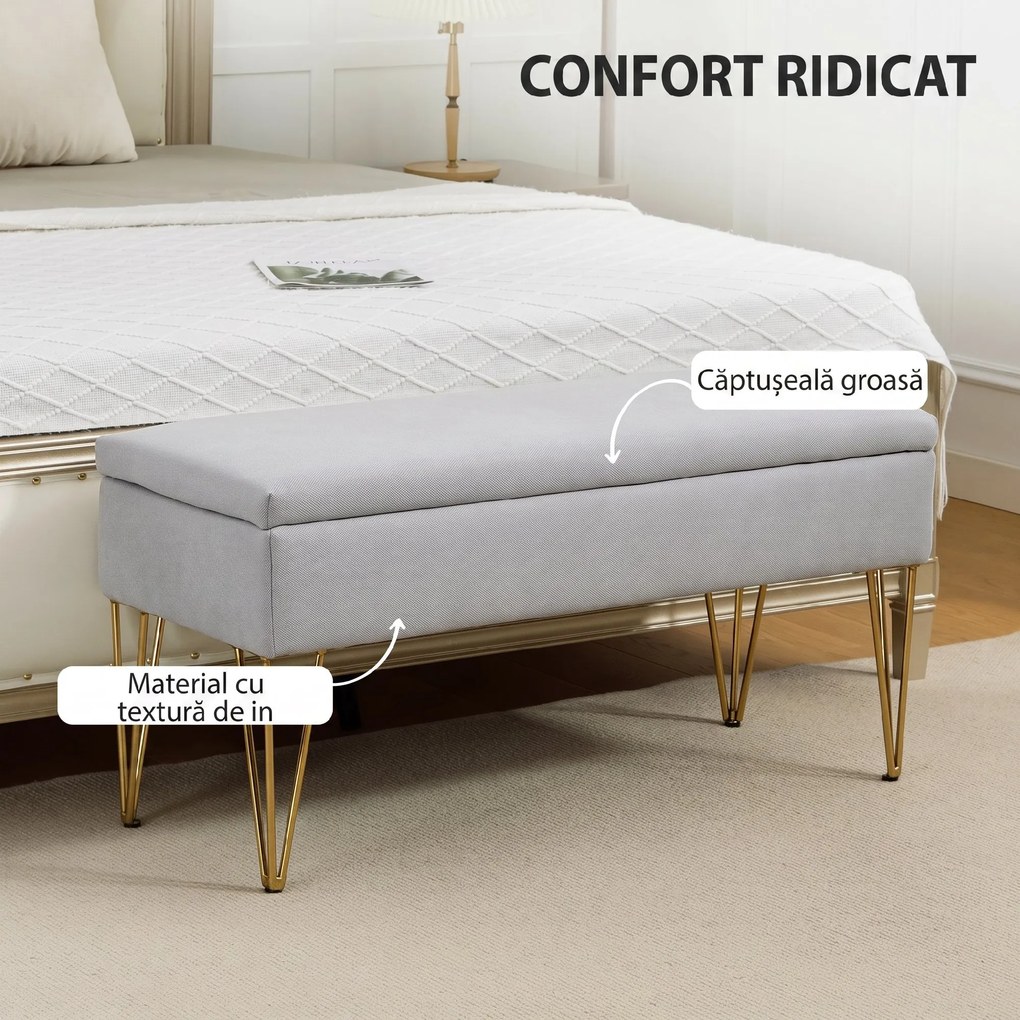 HOMCOM Bancă cu Depozitare din Material Textil și Picioare din Oțel, 100x40x49 cm, Gri Deschis | Aosom Romania