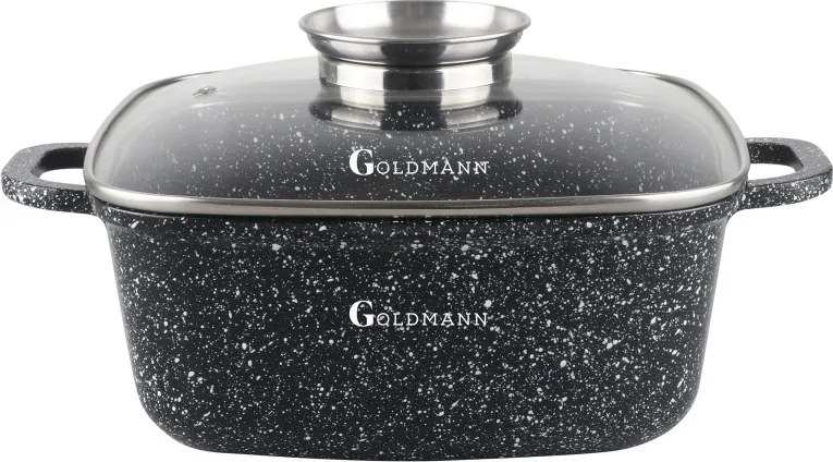 Resigilat: Oala patrata cu dozator Goldmann GM-1228, 6,5 l, 28 cm, Finisaj marmorat, Compatibila cu plitele cu inductie, Negru