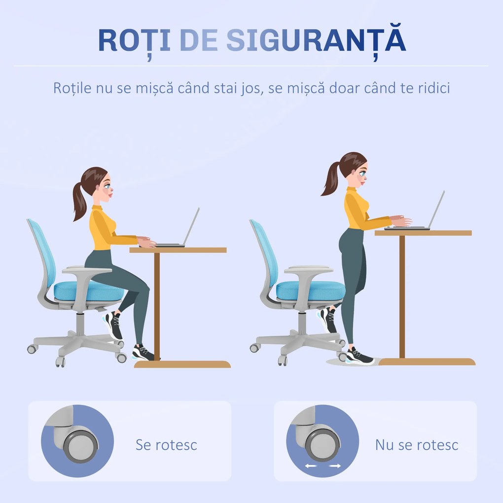 Vinsetto Scaun Birou Ergonomic cu Înălțime Reglabilă, Scaun Rotativ și Respirabil cu Înclinare, 55x48x82.5-94.5 cm, Albastru | Aosom Romania