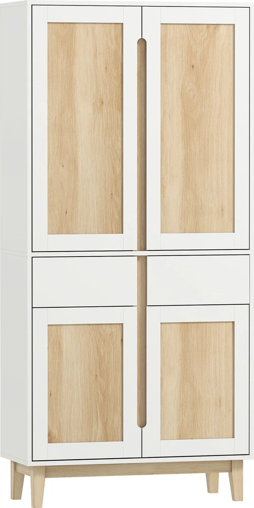 HOMCOM Bufet înalt de bucătărie, dulap de bucătărie cu 4 uși, 2 sertare și rafturi reglabile, 80x35x170cm, alb și stejar | Aosom Romania