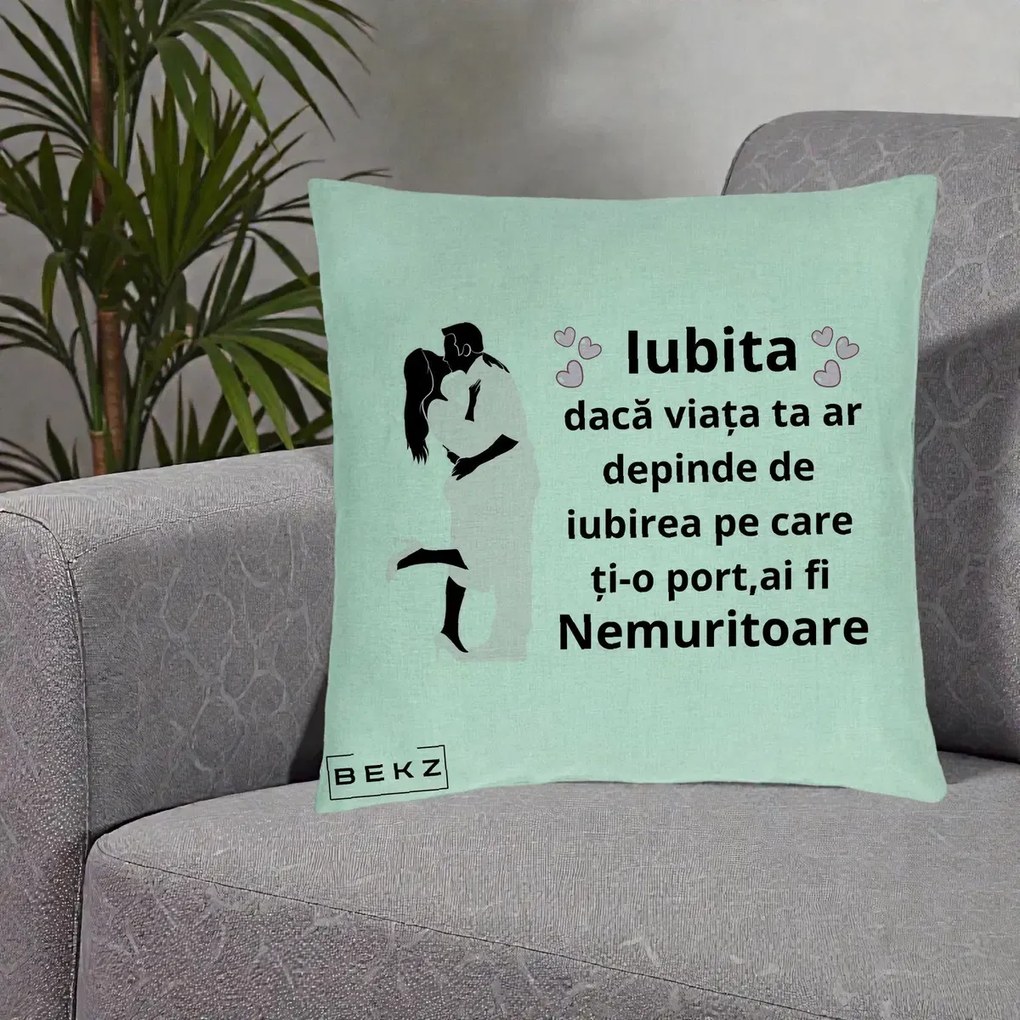 Cadou pentru Iubita - Perna Personalizata Iubita Nemuritoare cu Siluete de Cuplu, 40x40 cm, Verde Menta, Husa Detasabila, Perna Inclusa, BEKZ®