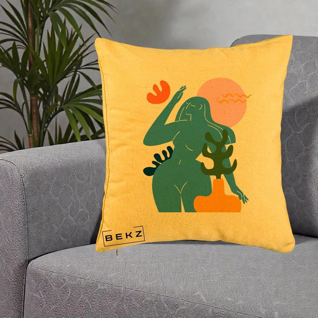 Perna Decorativa Femeie Albastra Cactus, 40x40 cm, Galben, Husa Detasabila, Perna Inclusa, BEKZ®