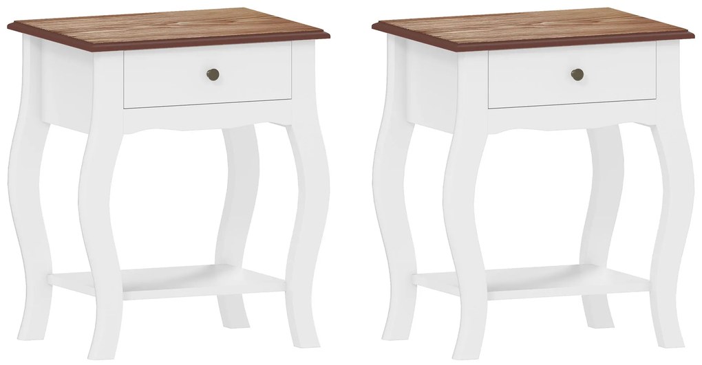 HOMCOM Set de 2 Noptiere cu Sertar Raft Deschis și Blat cu Efect de Stejar Stil Francez 45x35x55 cm Alb și Stejar | Aosom Romania