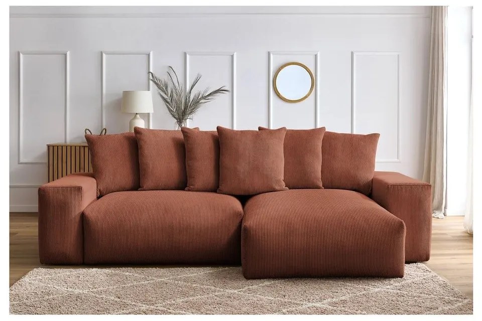 Colțar teracotă extensibil/cu spațiu de depozitare cu tapițerie din catifea reiată Voltaire – Bobochic Paris