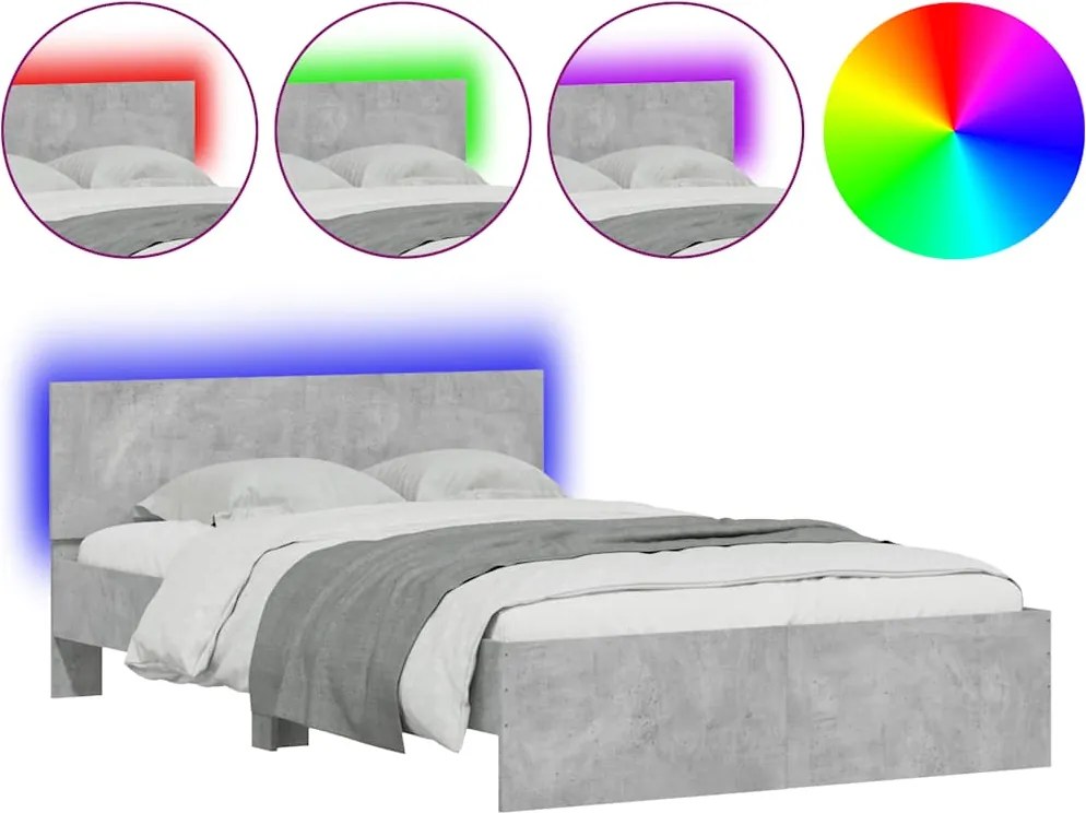 vidaXL Cadru de pat cu tăblie și LED, gri beton, 140x190 cm