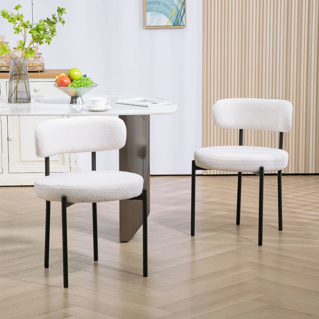 HOMCOM Set 2 scaune de dining, Captușire în Fleece, Scaune cu șezut captusit, Picioare din Metal, Crem | Aosom Romania