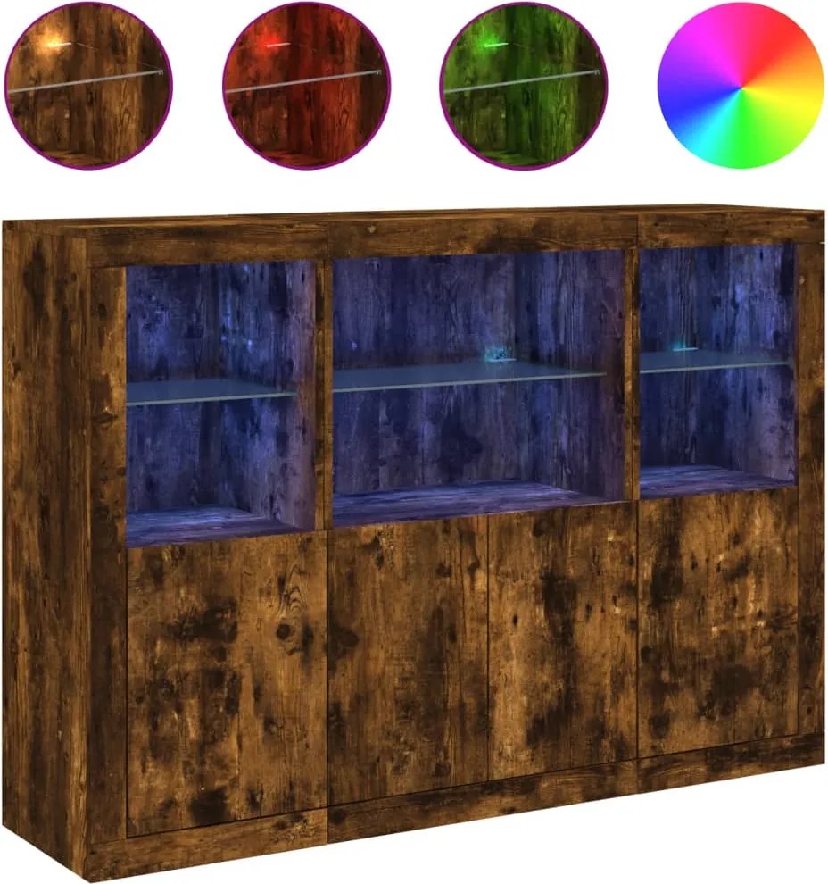 vidaXL Servantă cu lumini LED, 3 buc., stejar fumuriu, lemn prelucrat