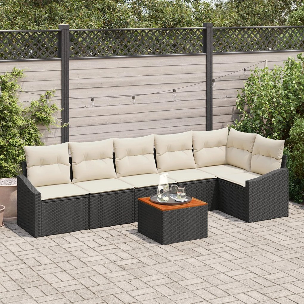vidaXL Set canapele grădină 7 piese cu perne, ratan poly negru, acacia