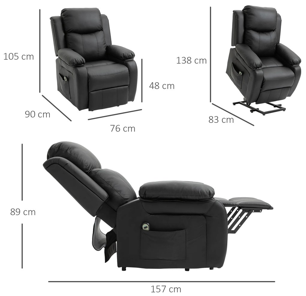 HOMCOM Fotoliu Relax Electric cu Ridicare și Reclinare 160°, Telecomandă, 76x90x105 cm, Negru | Aosom Romania