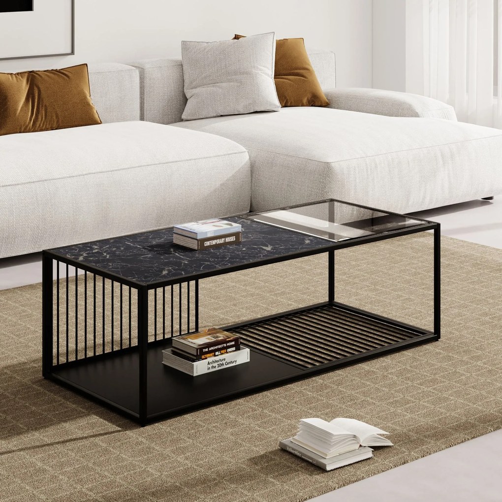 Masă de cafea cu sticlă călită, pentru spațiu de depozitare generos, 110x48x35 cm, Negru