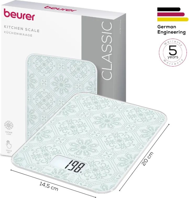 Cantar de bucatarie Beurer KS 19 Vintage, Pana la 5 kg, Functie TARA, Comanda tactila, Ecran LCD, Sticla, Ultra-subtire, Alb/Gri