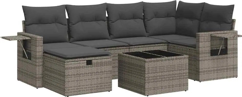 vidaXL Set canapele de grădină, 7 piese, cu perne, gri, poliratan