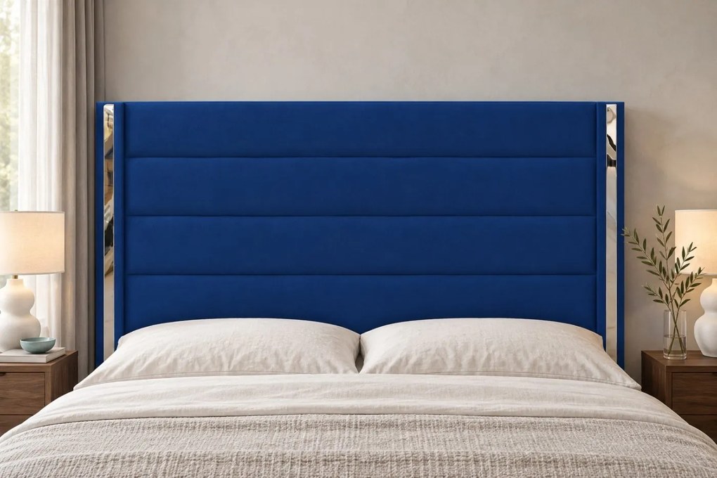 Pat tapițat din catifea Veyra 140×200 cm, bleumarin, detalii argintii, cu ladă de depozitare