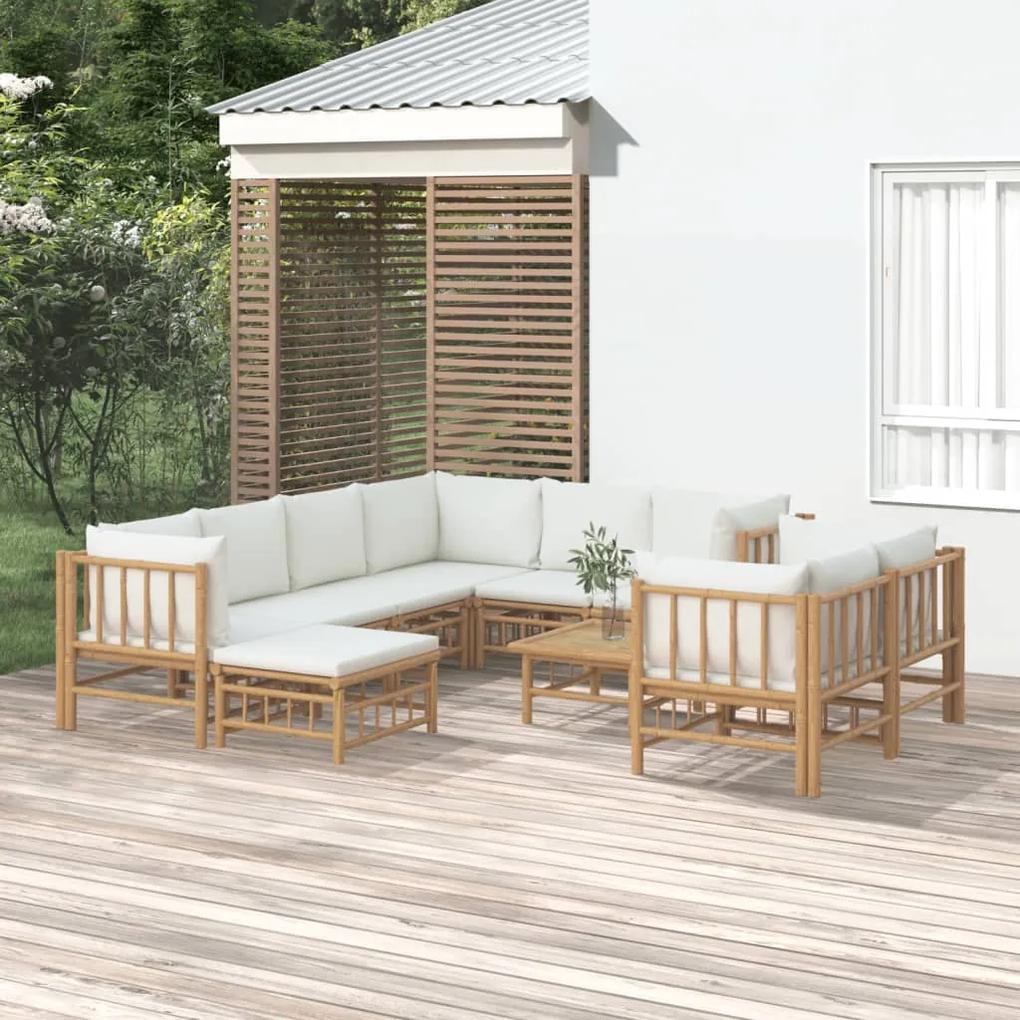 Set mobilier de gradina, cu perne alb crem, 10 piese, bambus