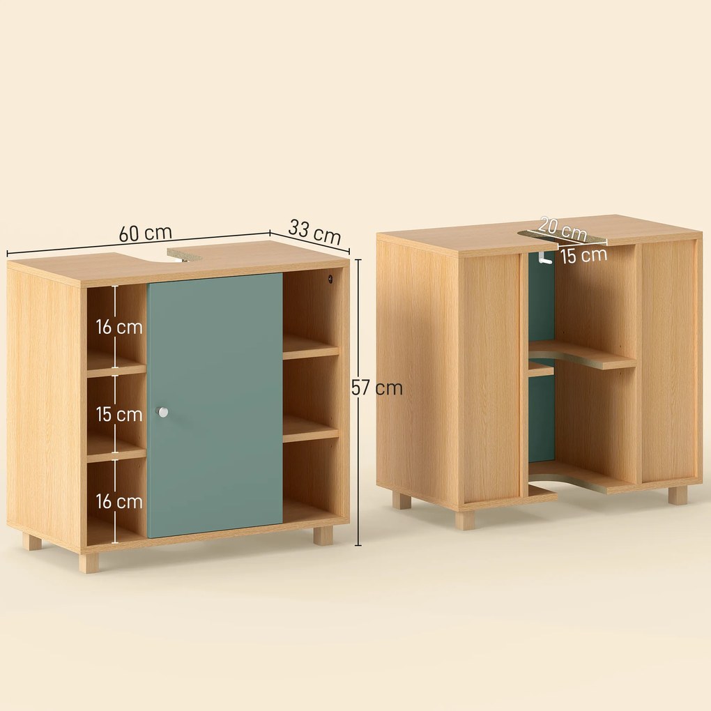 HOMCOM Corp sub lavoar, mobilier de baie cu 6 rafturi deschise și ușă cu închidere amortizată 60 x 33 x 57 cm, verde | Aosom Romania