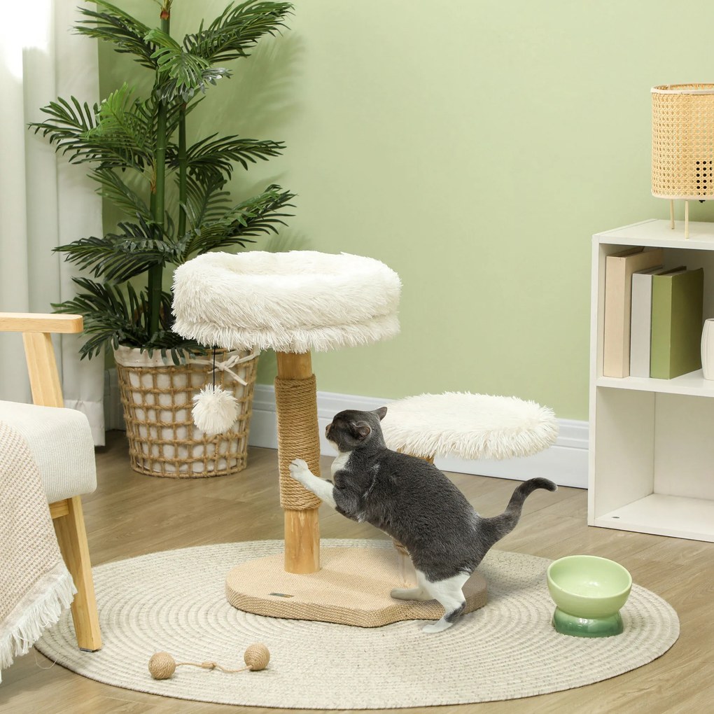 PawHut Turn pentru pisici, 61,5 cm, cu pat pentru pisici, turn pentru zgâriat, platformă de sărituri, minge de jucărie, pentru pisici de până la 5 kg, Alb | Aosom Romania