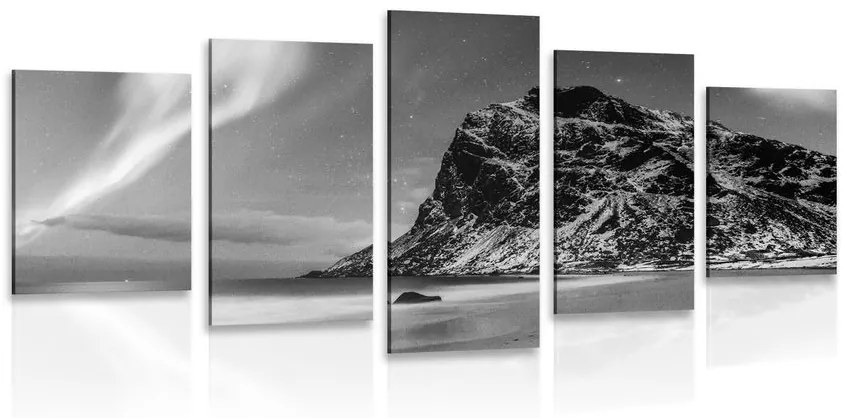 Tablou 5-piese aurora polară în Norvegia în design alb-negru