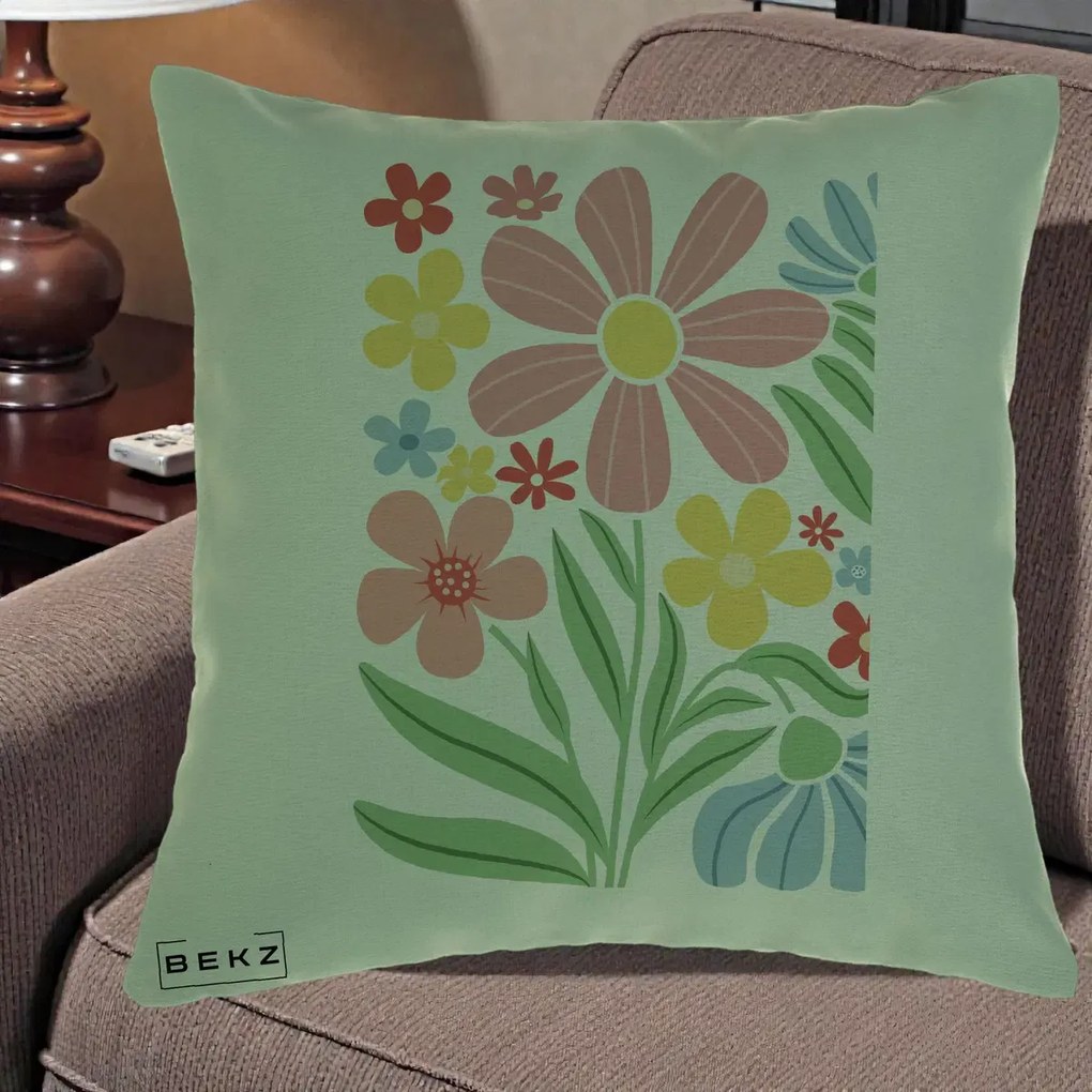 Perna Decorativa Flori Grafice Roz Pastel, 40x40 cm, Verde, Husa Detasabila, Perna Inclusa, BEKZ®