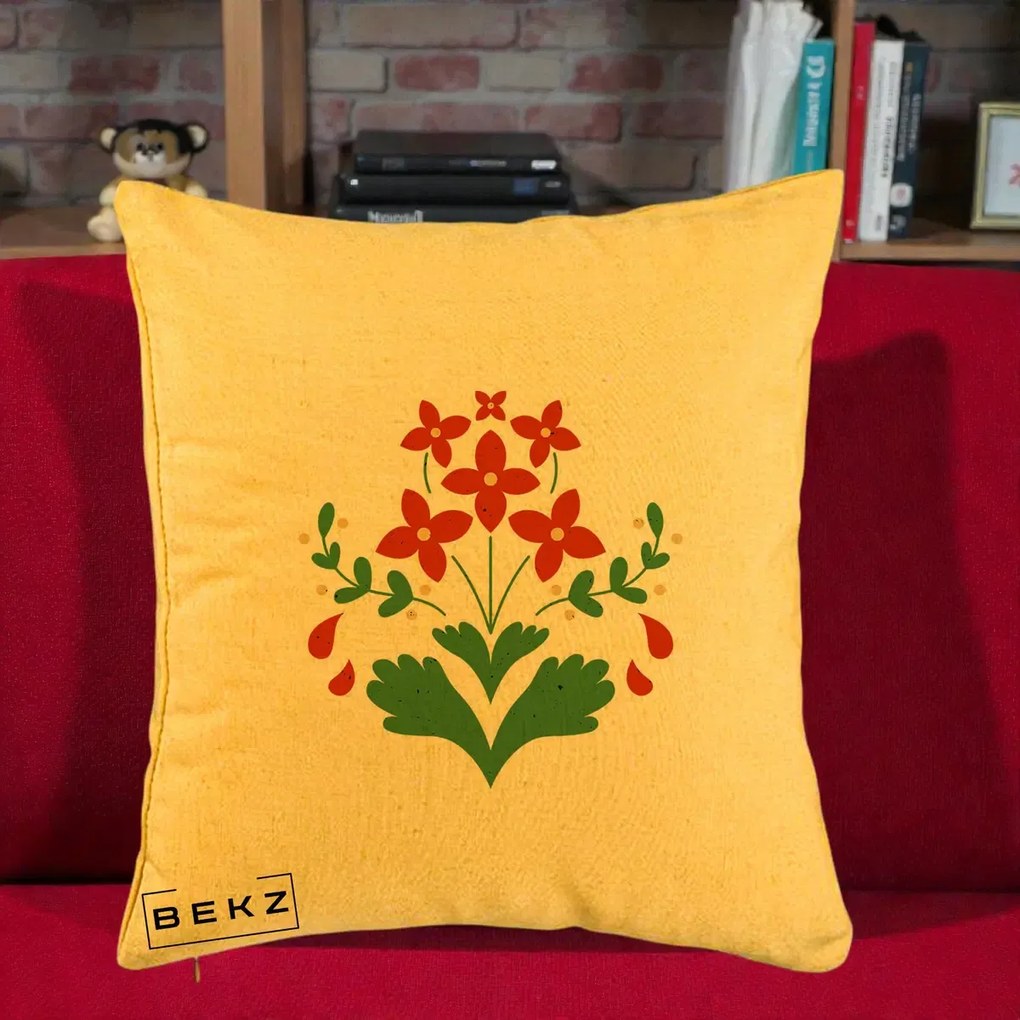 Perna Decorativa Buchet Floral Folk Rosu-Verde, 40x40 cm, Galben, Husa Detasabila, Perna Inclusa, BEKZ®
