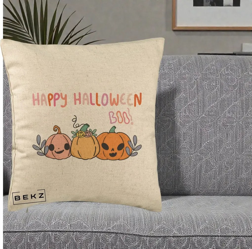 Perna Decorativa Happy Halloween Boo Trei Dovlecei Kawaii, 40x40 cm, Bej, Husa Detasabila, Perna Inclusa, BEKZ®