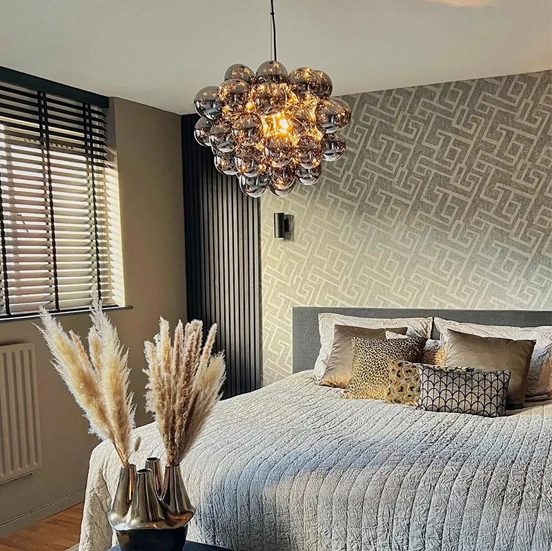 Lampă pendantă de design neagră cu sticlă fumurie rotundă cu 8 lumini - Uvas