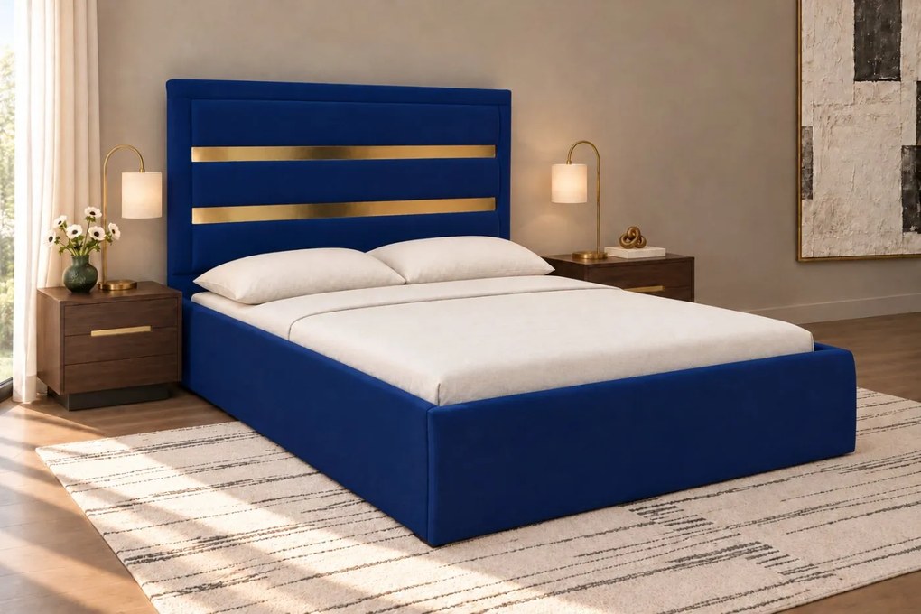 Pat tapițat din catifea Noren 120×200 cm, bleumarin, detalii aurii, cu ladă de depozitare