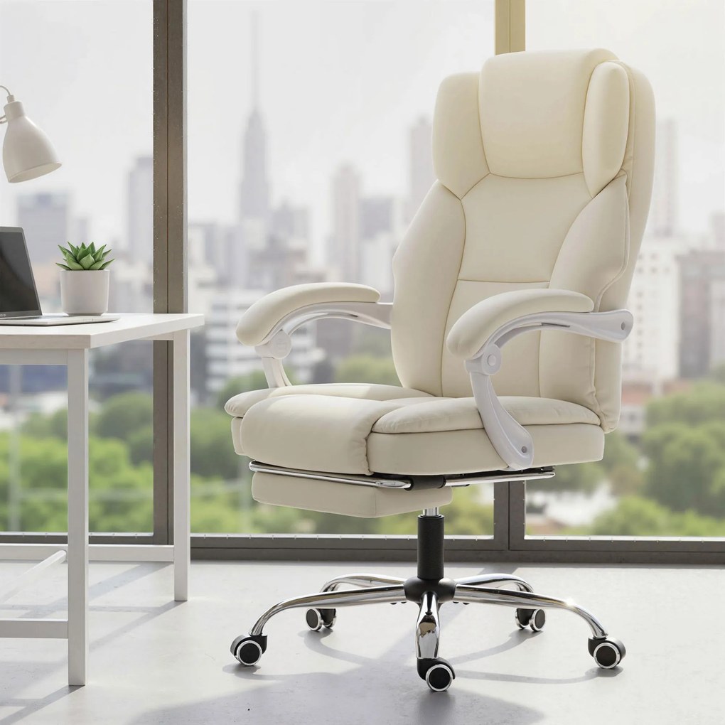 HOMCOM Scaun de birou ergonomic, fotoliu de birou cu spătar înclinat, înălțime reglabilă, 64x73x112-120cm, bej | Aosom Romania