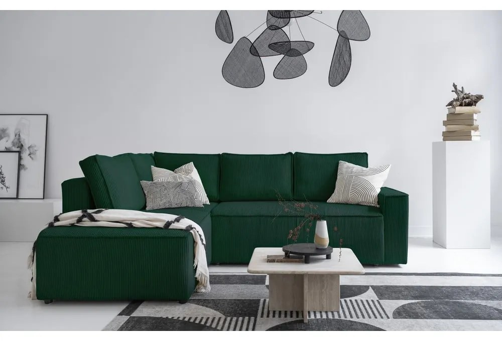 Colțar verde închis extensibil cu tapițerie din catifea reiată (cu colț pe partea stângă ) Brave Dave – Miuform