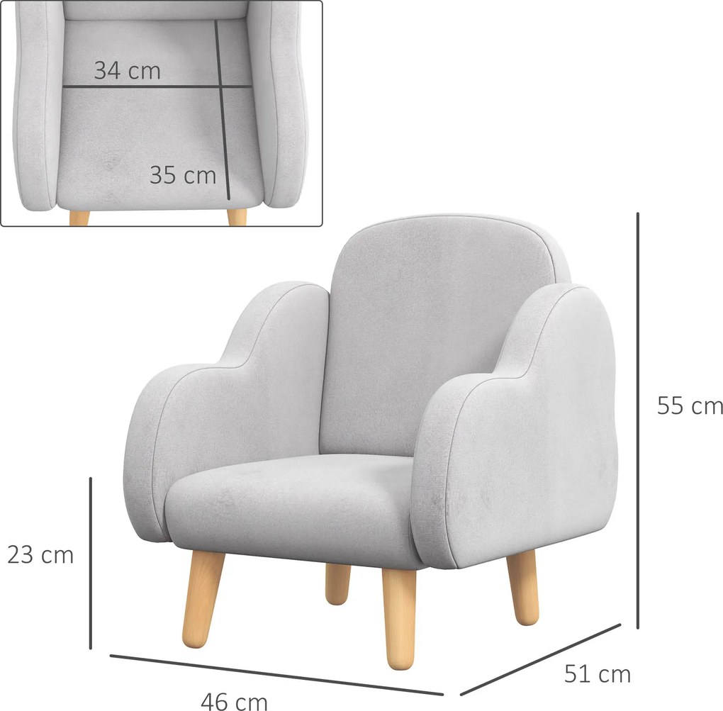 ZONEKIZ Fotoliu pentru Copii în Stil Scandinav cu Cotiere, Fotoliu din Material Textil pentru Copii până la 3 ani, 46x51x55 cm, Gri | Aosom Romania