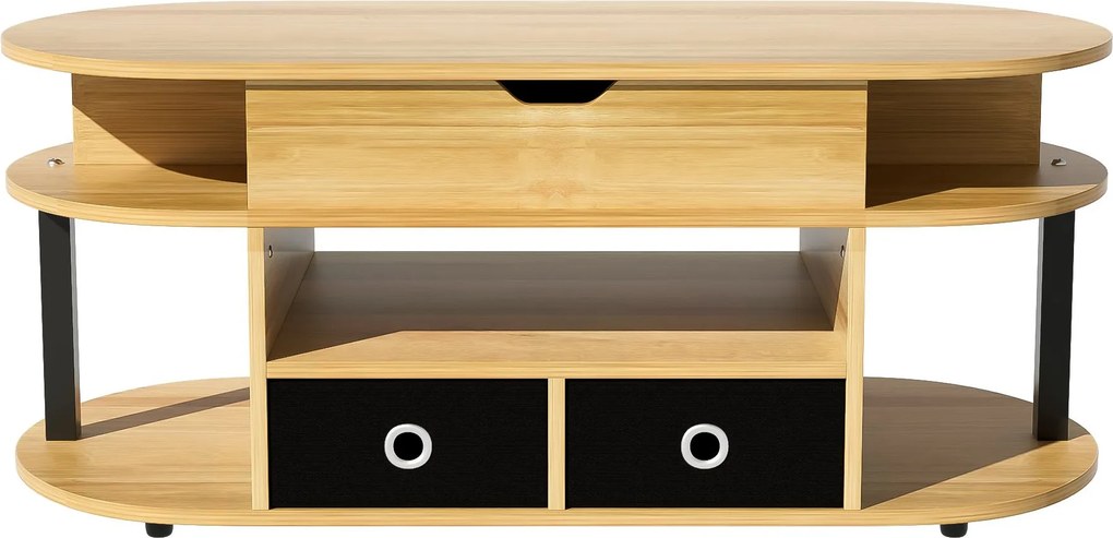 Masă de cafea cu mecanism de ridicare, spațiu de depozitare și sertare textile negre, 105x50x45 cm, Culoare naturală