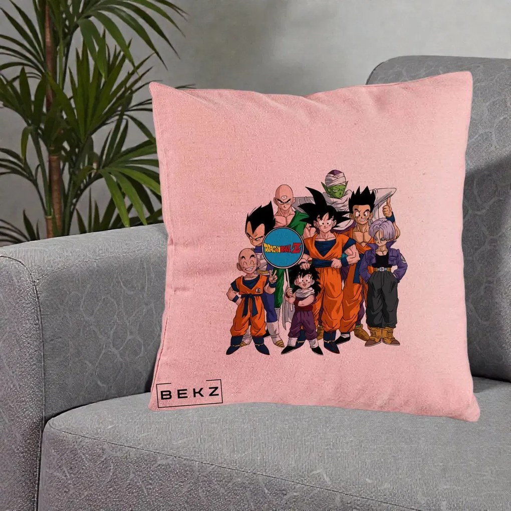 Perna Personalizata Dragon Ball Z Grup Complet, 40x40 cm, Roz, Husa Detasabila, Perna Inclusa, BEKZ®