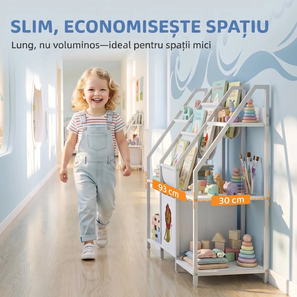 AIYAPLAY Bibliotecă și Organizator de Jucării pentru Copii, Metal, PAL, 93 x 30 x 76 cm, Alb | Aosom Romania