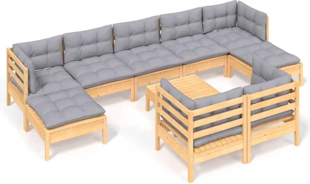 vidaXL Set mobilier grădină cu perne, 10 piese, gri, lemn masiv pin