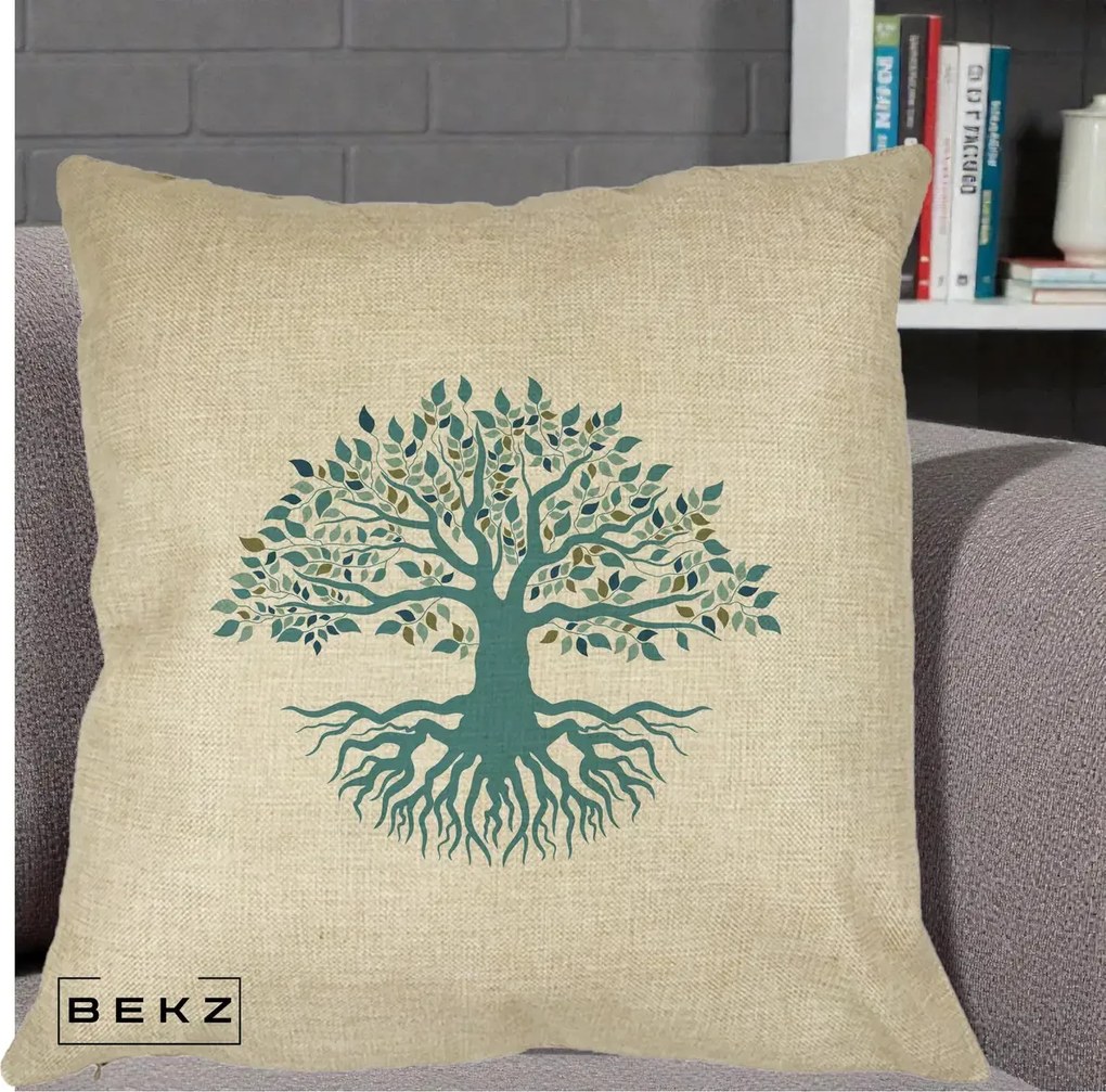 Perna Decorativa Copacul Vietii Teal cu Radacini, 40x40 cm, Crem, Husa Detasabila, Perna Inclusa, BEKZ®