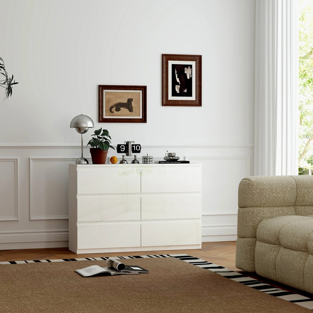 HOMCOM Comodă pentru Dormitor cu 6 Sertare Comodă pentru Salon Birou Stil Modern 112x34x75 cm Alb lucios | Aosom Romania