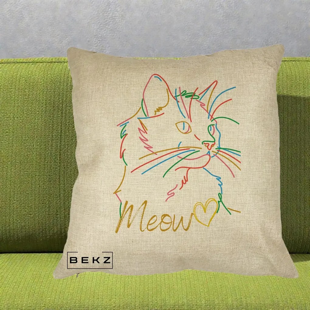 Perna Personalizata Pisica Meow Arta Linie Colorata, 40x40 cm, Crem, Husa Detasabila, Perna Inclusa, BEKZ®