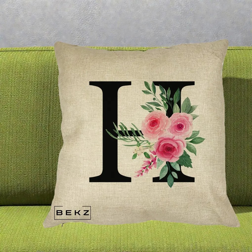 Cadou Personalizat - Perna Personalizata Monograma Florala Litera H cu Trandafiri Roz, 40x40 cm, Crem, Husa Detasabila, Perna Inclusa, BEKZ®