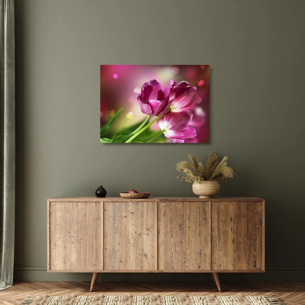 Tablou pe sticlă cu lalele roz (70x50 cm)