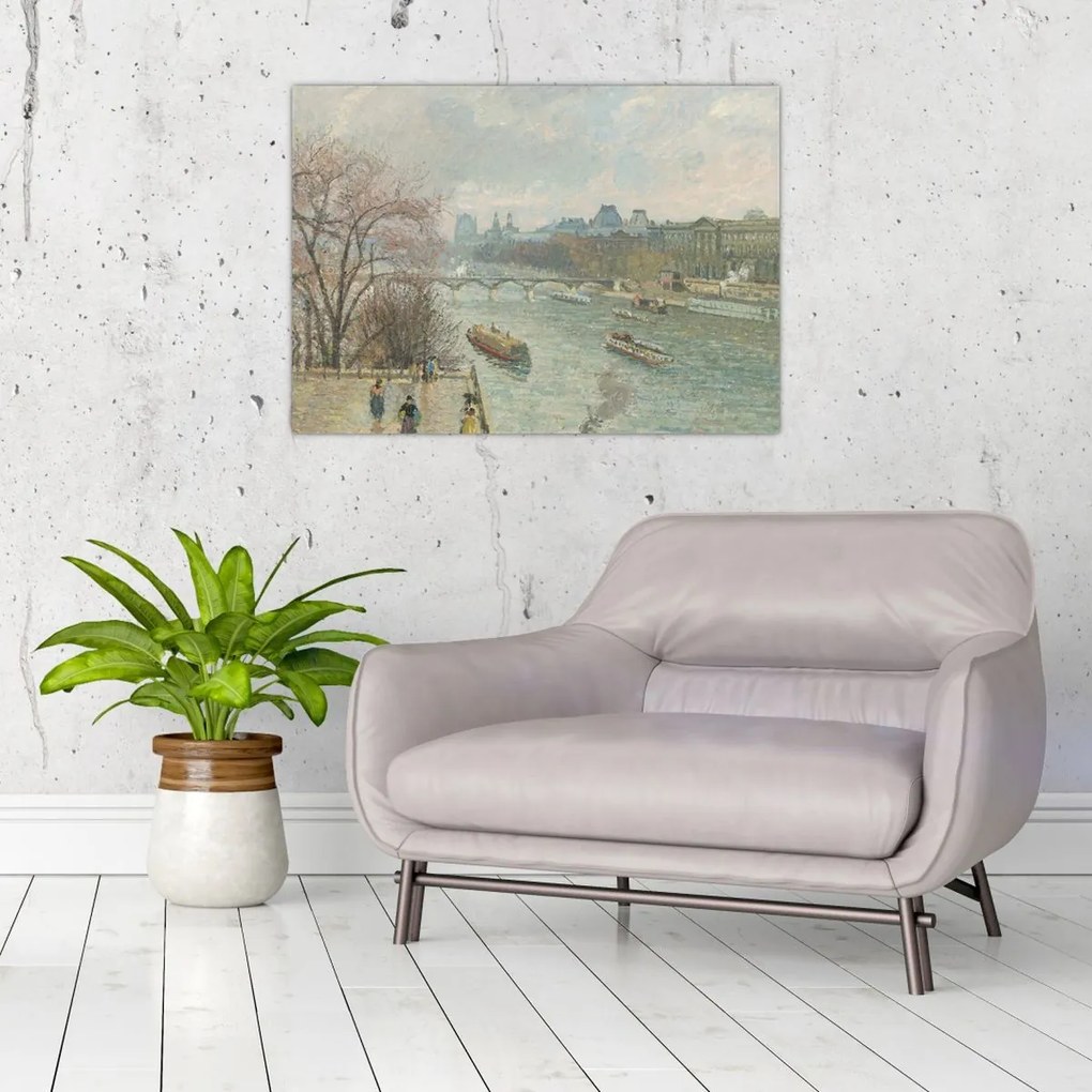 Tablou pe sticlă - Camille Pissarro, The Louvre, Afternoon, Rainy Weather, reproducere (70x50 cm)