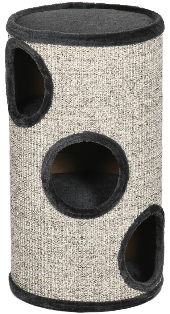 PawHut Cușcă pentru Pisici cu 3 Nivele, Zgârietoare din Sisal și Pluș, Ø38x70cm, Gri | Aosom Romania
