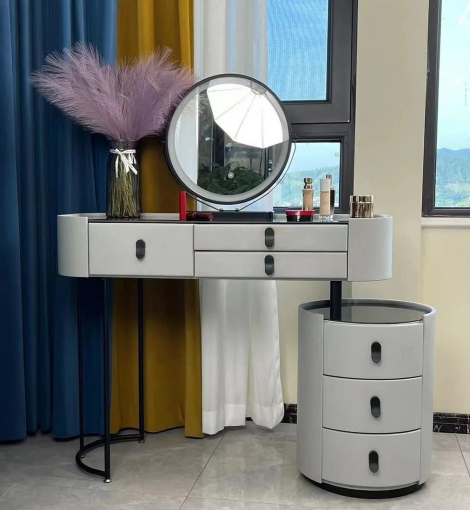 Set Lucia, Masă de toaletă pentru machiaj cu oglindă iluminată LED, control touch, 6 sertare, comoda, scaun, Gri
