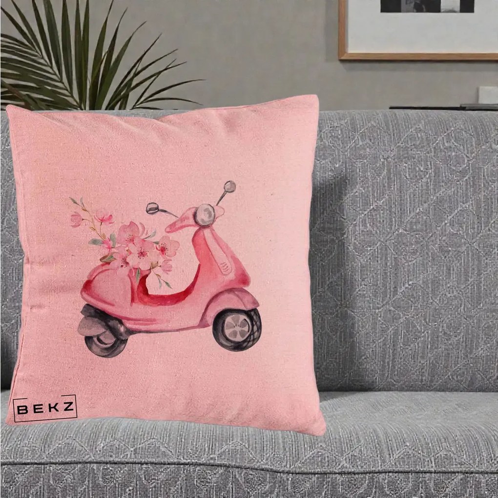 Perna Decorativa Scuter Roz cu Flori Acuarela, 40x40 cm, Roz, Husa Detasabila, Perna Inclusa, BEKZ®