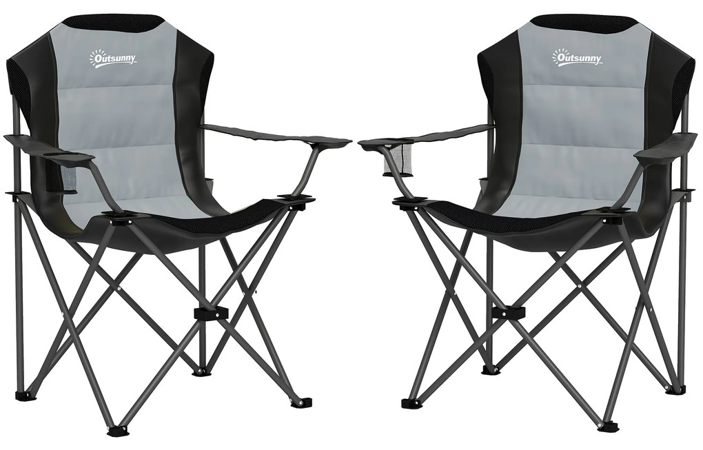 Outsunny Lot de 2 scaune pliante camping rembursate cu spătar înalt cu suport pentru pahar, greutate 120 kg, gri închis | Aosom Romania