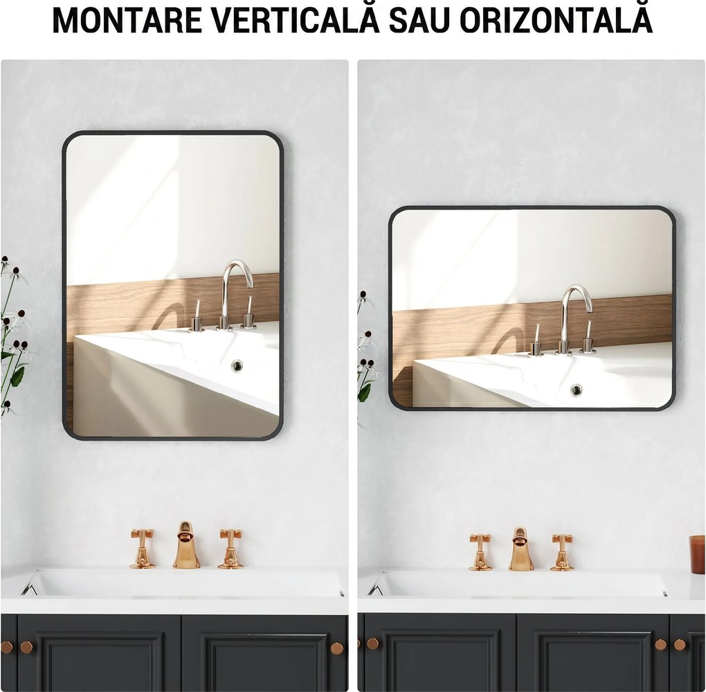 HOMCOM Oglindă de baie cu ramă metalică și agățătoare, 50x2.5x70 cm, negru | Aosom Romania