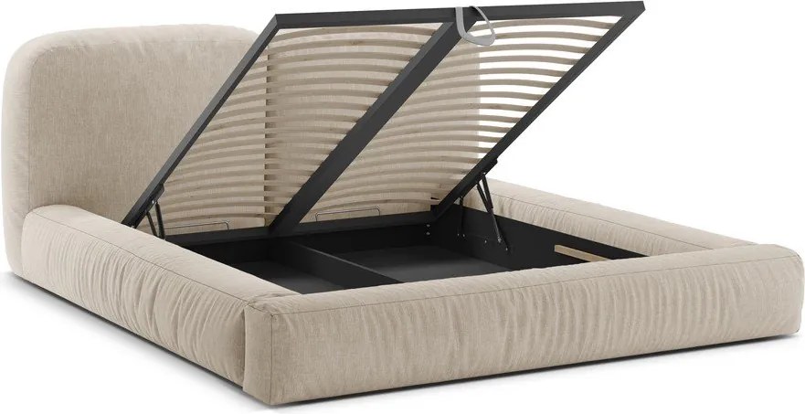 Pat matrimonial bej tapițat cu spațiu de depozitare cu somieră 160x200 cm Martina – Micadoni