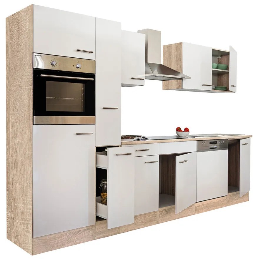 Mobilă de bucătărie Yorki 310, corp din stejar Sonoma, cu față alb satinat