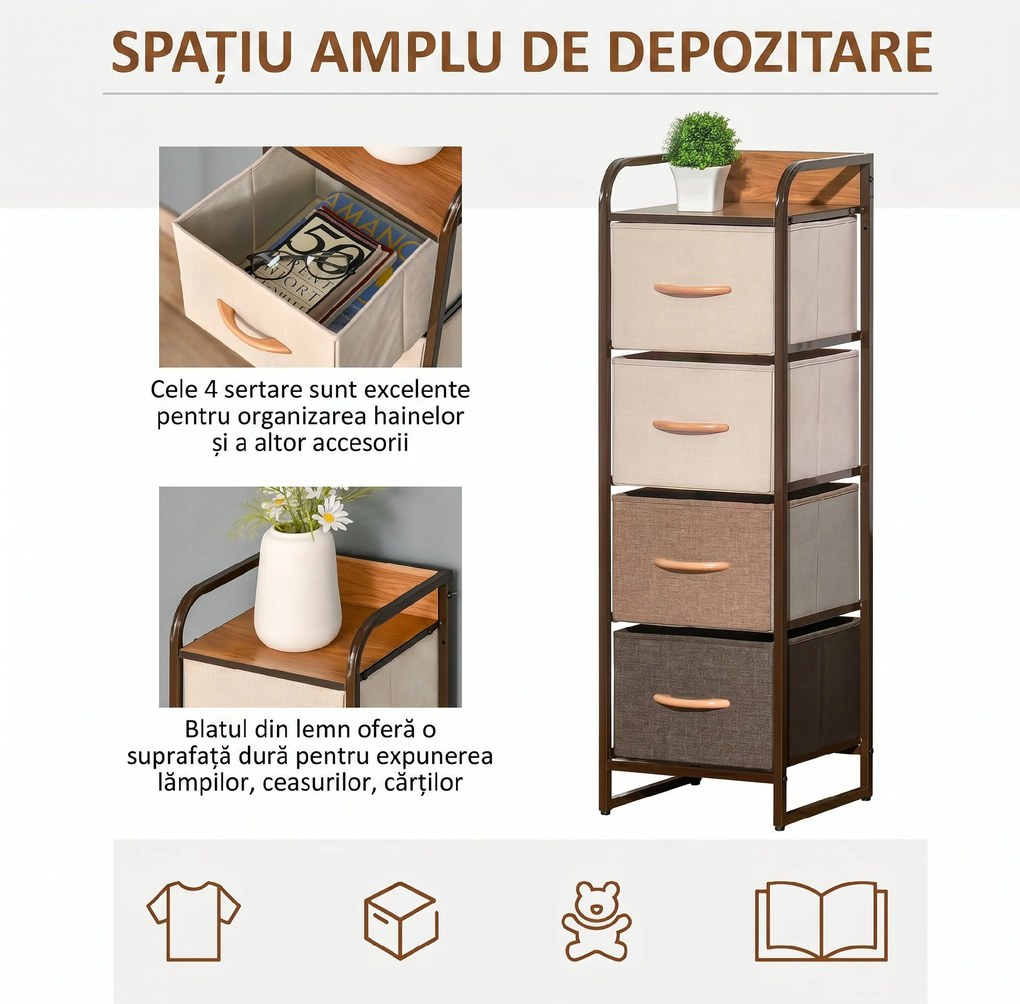 HOMCOM Comodă pentru Dormitor cu 4 Sertare Pliabile, Blat Superior din Lemn și Cadru Metalic 31x29x99 cm Multicolor | Aosom Romania