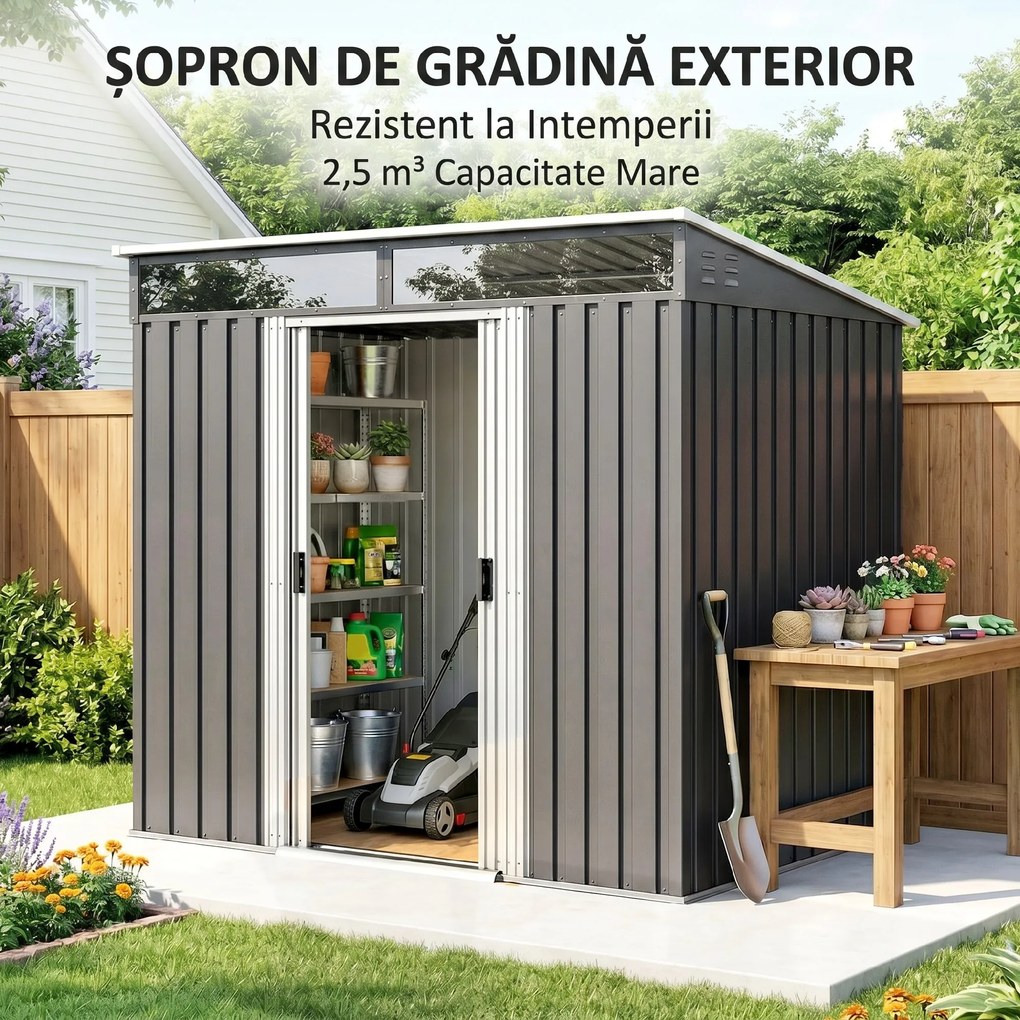 Outsunny Magazie 6,5 x 4 FT din metal galvanizat cu fundatie pentru gradina, Depozit cu incuietoare pentru unelte, Gri